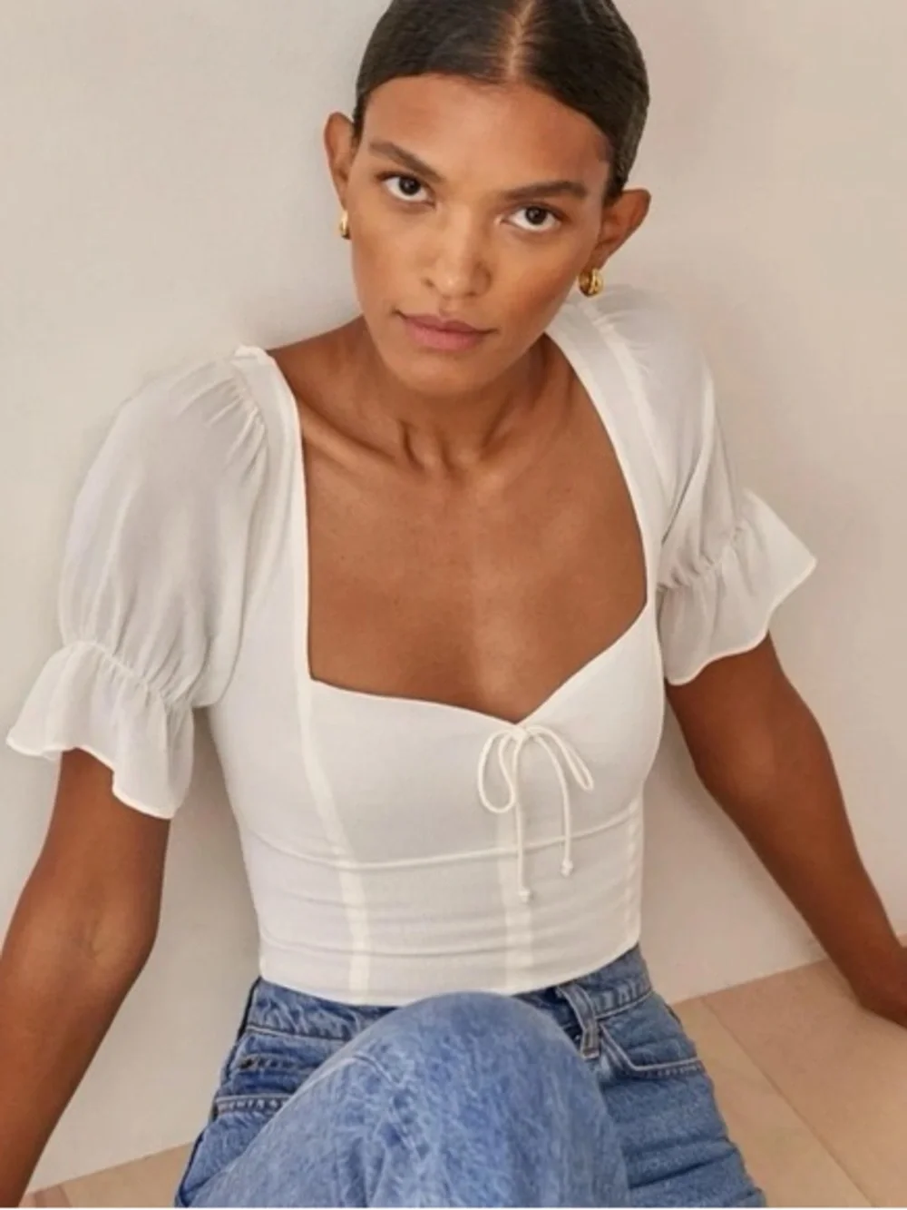 Reformation “Delevan” White Puff-Sleeve Tie-Front Blouse - Size 4